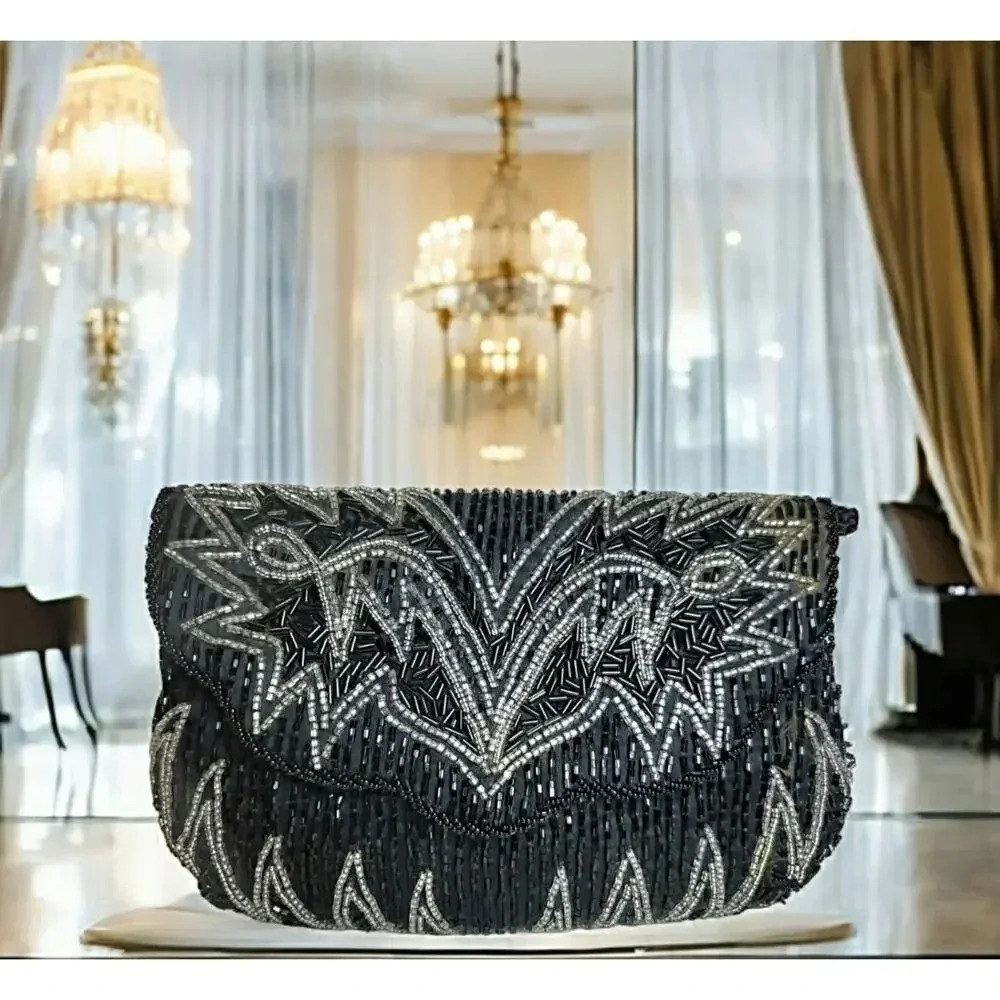Vintage Black and Silver Beaded Clutch/Crossbody Bag